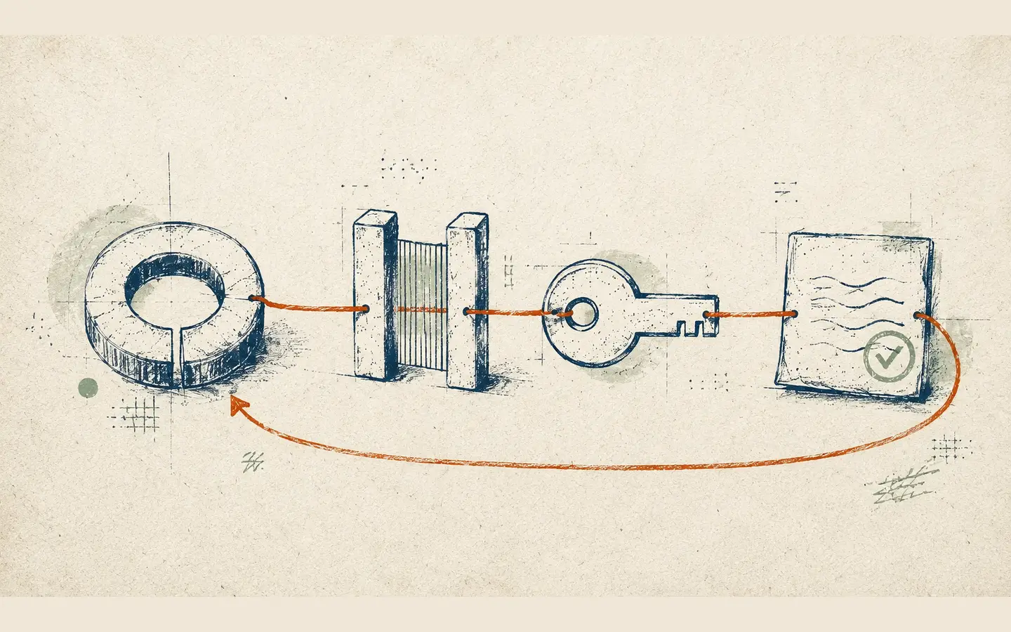 A hand-drawn permission ring, policy gate, scoped key, and receipt connected by a reversible orange thread